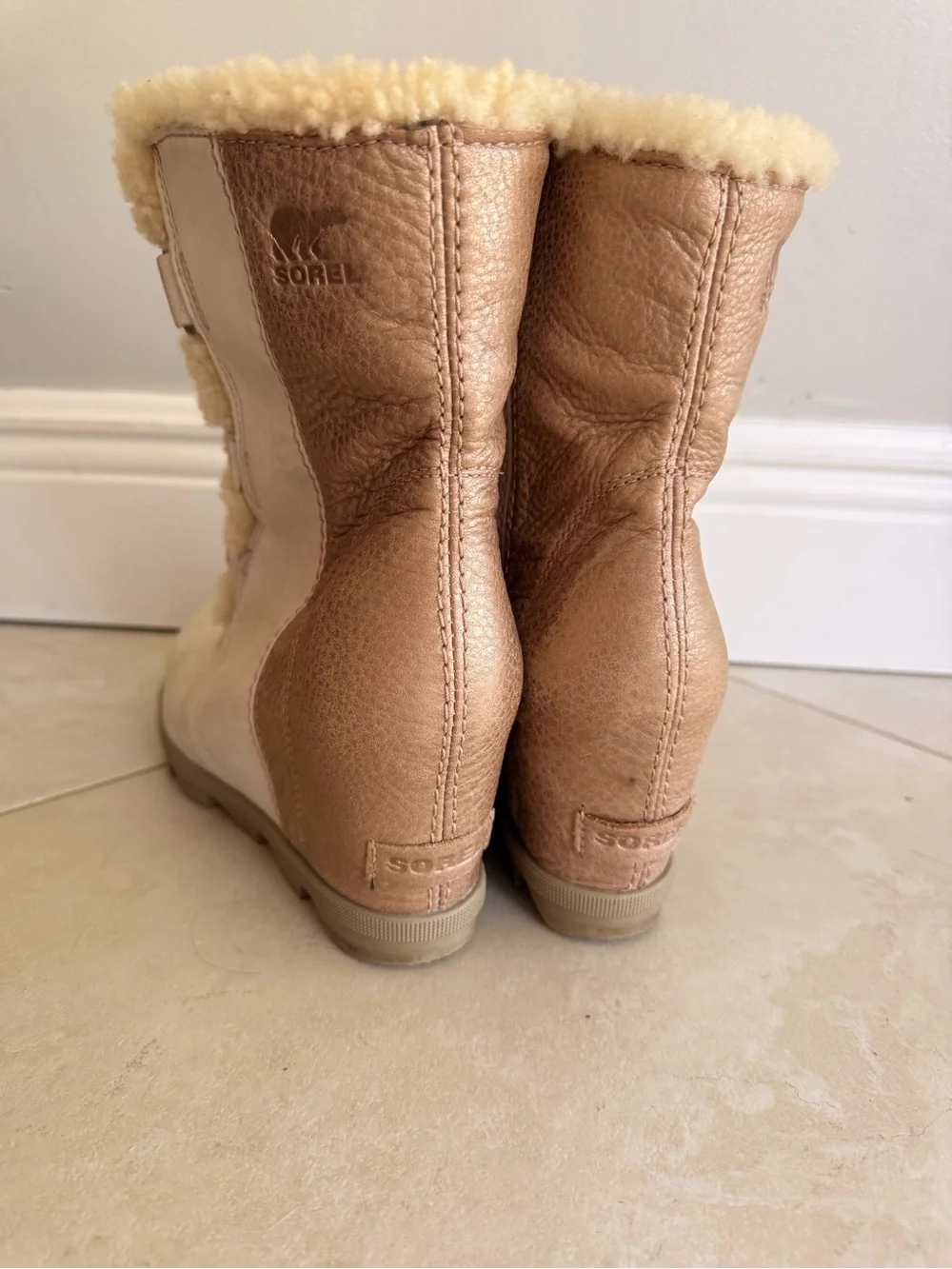 Sorel Women's Cream and Tan Shearling Lace-Up Wedge Boots
